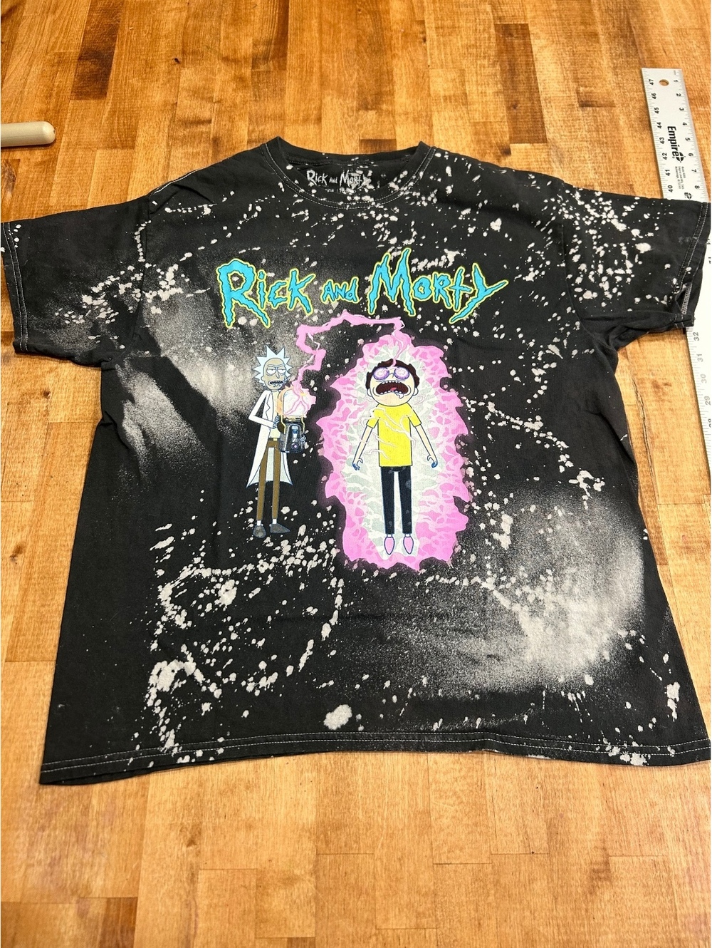 Rick and Morty Large Black Graphic Tee with Bleach Splatter